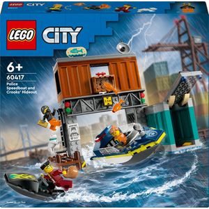 LEGO® City 60417 Politiespeedboot en boevenschuilplaats speelgoed met boot, leuk cadeau voor kinderen vanaf 6 jaar, bouwset voor jongens en meisjes die graag doen alsof, met minifiguren van 1 politieagent en 2 boeven, plus een hondenfiguur