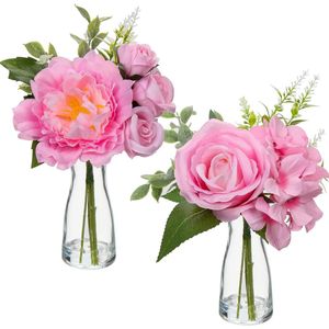 2 stuks kunstbloemen zijde met glazen vaas, roze kunstbloemen, hortensia, zijde, pioenroos, kunstroos, kunstbloemen, gemengd, realistische zijden in pot voor woonkamer, kantoor, decoratie, tafel, keuken