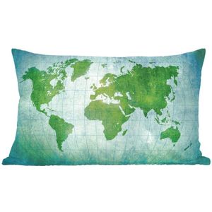 Sierkussens - Kussen - Wereldkaart perkament blauw groen - 50x30 cm - Kussen van katoen