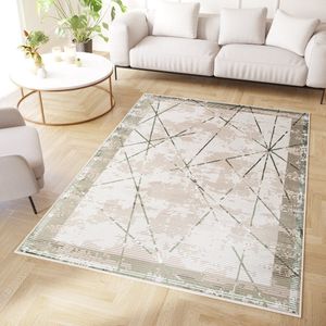 Tapiso Crystal Vloerkleed Groen Beige Laagpolig Lijnen Modern Tapijt Maat- 120x170