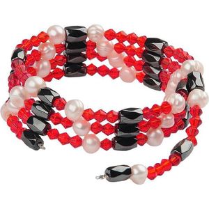 Zoetwater parel armband Pearl Red Crystal Magnetite Wrap - echte parels - magnetiet - wit - zwart - rood - wikkelarmband