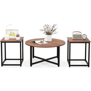 COSTWAY Set van 3 salontafels, bijzettafel, metalen frame, 1 ronde koffietafel en 2 vierkante tafels, salontafel, woonkamertafel, salontafel, modern, voor woonkamer, slaapkamer (bruin)