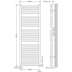 Elektrische badkamerradiator met verwarmingselement 900W 600x1800 mm Wit gebogen met zijaansluiting LuxeBath
