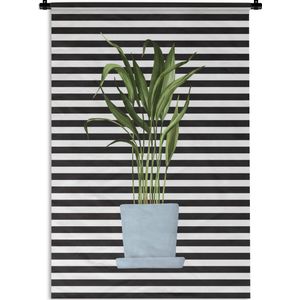 Wandkleed PlantenKerst illustraties - Illustratie van een plant met lange dunne bladeren op een zwart-wit gestreepte achtergrond Wandkleed katoen 90x135 cm - Wandtapijt met foto