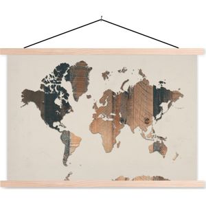Posterhanger incl. Poster 150x100 cm - Schoolplaat - Wereldkaart - Houten - Beige - Textielposter - Blanke latten
