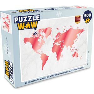 Puzzel Wereldkaart - Roze - Marmer print - Legpuzzel - Puzzel 500 stukjes