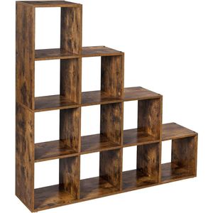 Hoppa! Boekenkast met 10 kubussen, kubusplank, kantoorplank, staande plank, ladderplank, traplegplank, als kamerscherm, vrijstaand, voor kantoor, woonkamer, slaapkamer, vintage bruin