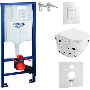 Inbouwreservoir Complete Toiletset Grohe Solido 39069000 - Inbouw WC Hangtoilet Wandcloset Sofi Slim Stone - Bedieningsplaat EVEN 3in1 Wit Hoogglans - Voorwandelement - Installatiesysteem