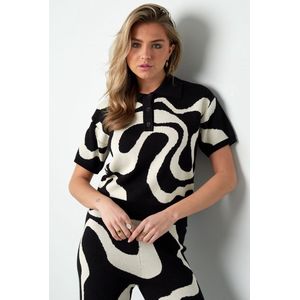 Top organische strepen print - polo - dames - gebreid - nieuwe collectie - lente/zomer - zwart - maat M