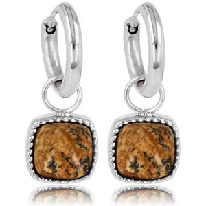 My Bendel Zilverkleurige oorbellen met Picture Jasper edelsteen - 10mm - Prachtige combinatie van een klassieke zilverkleurige oorbel met een zilverkleurige hanger met Picture Jasper edelsteen - Met luxe cadeauverpakking