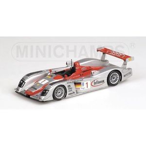 The 1:43 Diecast Modelcar of the Audi R8 , Team Audi Sport North America #1 of the 12H Sebring 2002. The drivers were Biela / Kristensen and Pirro. The manufacturer of the scalemodel is Minichamps.This model is only available online