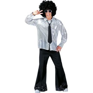 Funny Fashion - Jaren 80 & 90 Kostuum - Zilveren Pailletten Shadow Hemd Man - Zilver - Maat 52-54 - Carnavalskleding - Verkleedkleding