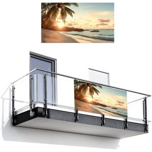 Balkonscherm 200x110 cm - Balkonposter Strand - Palmbomen - Oceaan - Zonsondergang - Balkon scherm decoratie - Balkonschermen - Balkondoek zonnescherm