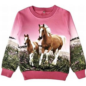 Kinder sweater, trui, met paarden print, roze, maat 98/104, horses, kind, ZEER MOOI!