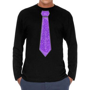 Bellatio Decorations Verkleed shirt heren - stropdas glitter paars - zwart - carnaval - longsleeve XL