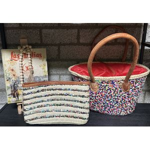 Rieten clutch met multi-colour pailletten - 050 - bruin - +/- 20 cm hoog x 32 x 4 cm - clutch - envelop tas - handgevlochten - rieten tassen
