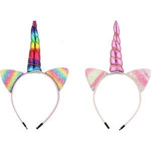 2 Stuks - Unicorn Haarband - Diadeem - Regenboog Kleuren en Roze