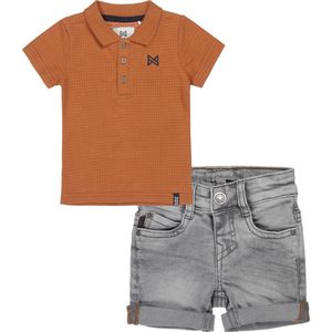 Koko Noko Kledingset - 2delig - Jongens - Short Grey Jeans - Shirt Polo Camel - Maat 104