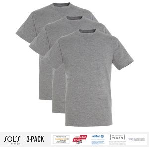 3 Pack Sol's Jongens/Meisjes T-Shirt 100% biologisch katoen Ronde hals Grijs Gemeleerd Maat 142/152 (11-12 Jaar)