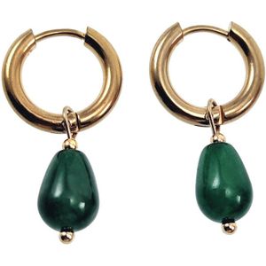 ∅15mm x 2,5mm Oorbellen Dames - Groen Chalcedoon-Jadesteen - Verguld RVS - Oorringen met Druppelhangers