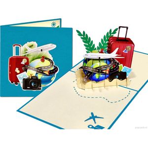 Popcards popupkaarten - Reis de wereld rond | Wereldreiziger Vakantie Vliegvakantie Avontuur Op Reis Koffer Wereldbol Planeet Vliegtuigpop-up kaart 3D wenskaart