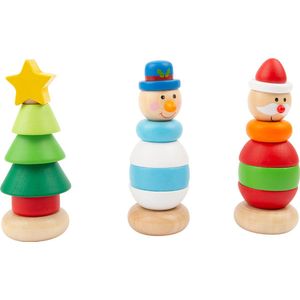 Set van 3 houten KERST stapel figuren / stapeltoren (blokken) voor kinderen: Kerstman, Kerstboom, Sneeuwpop (cadeau idee feestdagen / Kerstmis, bouwen / tellen / motoriek)