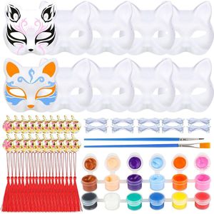 Katttenmaskers om te beschilderen - 10 stuks doe-het-zelf blanco maskers met kwasten, belletjes, kleur en stropdassen - ideaal voor cosplay en Halloween_feestdagen .