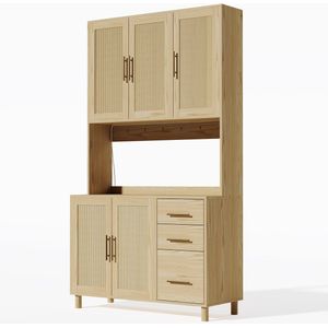 Dressoir opbergkast servieskast met LED-verlichting open vakken stopcontact verstelbare planken 3 lades en 5 deuren ontwerp in moderne landelijke stijl 100x40x183 cm Houtkleur