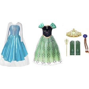 Prinsessenjurk meisje - Anna groene jurk - Het Betere Merk - 2 x Verkleedjurk - Elsa jurk - 6/pack - Carnavalskleding kinderen - Prinsessen Verkleedkleding - 110 (120) - Cadeau meisje - Prinsessen speelgoed - Verjaardag meisje - Kleed