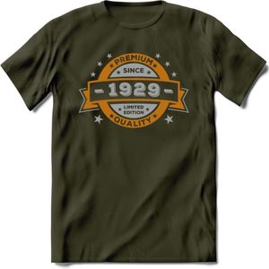 Premium Since 1929 T-Shirt | Zilver - Goud | Grappig Verjaardag en Feest Cadeau Shirt | Dames - Heren - Unisex | Tshirt Kleding Kado | - Leger Groen - XXL