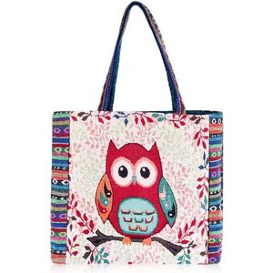 Canvas Uil Tote Bag Esthetische Gehaakte Hobo Handtassen met Zip Interieur Pocket Geborduurd Herbruikbaar voor Vrouwen Strand Boodschappen