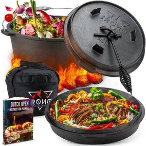 IRONO Dutch Oven - Pan Gietijzer - 14 Liter - Gietijzeren Pan BBQ 5-delig - Multifunctionele Kookset - Braadpan Gietijzer met Deksellifter - Bakpan - Kookpan - Outdoor Cooking - Cadeau