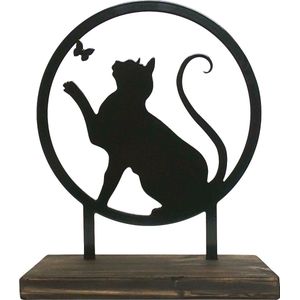 Dierenurn - gedenkartikel - kat - gecoat staal (zwart) in houten sokkel - 28cm