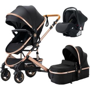 Baby Buggy 3 in 1 – Kinderwagen 3 in 1 – Opvouwbaar – Hoge Kwaliteit – Zwart Met Goud – Extra Veilig
