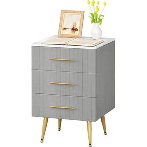 Nachtkastje - Klein dressoir - Commode - Nachtkastje Met 3 Lades - Marmer - Fluweel - Velvet - Grijs/Wit/Goud