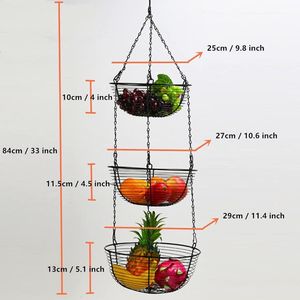 Hangende fruitmand met 3 etages voor opslag, hangmand keuken, fruit- en groentemanden met haken, ijzer