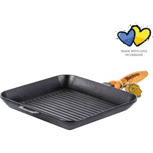 MAYSTERNYA Grillpan Gietijzer - 28 x 28 x 4 cm - Houten Handvat - Steakpan - Grillen - Bakken - BBQ Accesoires - Koken - Grillplaat - Barbecue - Gietijzer - Pannenset - Zomer BBQ - Barbecue Cadeau - Vaderdag Cadeau - Vaderdag Cadeaupakket - Mat Zwart