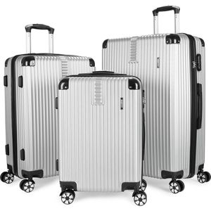 BRUBAKER Kofferset London - 3-delige Kofferset met Handbagage - Hardcase Koffer met Cijferslot, 4 Wielen en Comfortabele Handgrepen - ABS Trolleys (M, L, XL - Zilver)