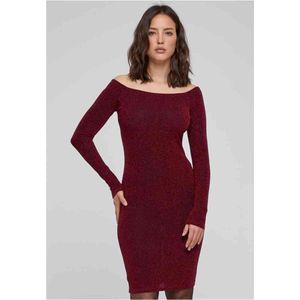 Urban Classics - Off Shoulder Longsleeve Glitter Bodycon jurk - XL - Bordeaux rood