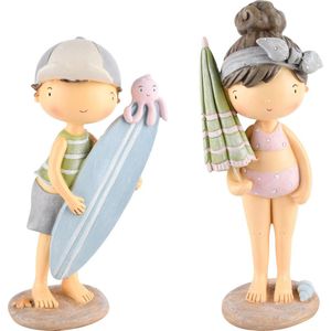 Dekoratief | Deco meisje/jongen m/surfplank/parasol, resina, 9x7x18cm, set van 2 stuks | A220084