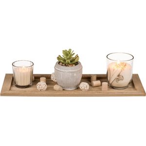 houten plankje met 2 kaarsen & kunstplatje met keramische pot Decoratie