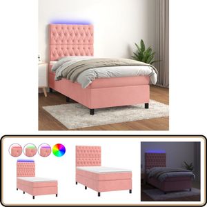 Luxe Roze Boxspring met LED en Matras 90x190 cm Boxspring - Led Bed - Velvet Bed - Pink Bed - Tweepersoonsbed