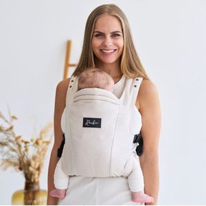 ROOKIE Baby Premium Elite draagzak - Design buikdrager en rugdrager - Comfortabel en ergonomisch baby spullen - Babydrager vanaf Geboorte - Ook voor Peuter - Biologisch katoen (Beige)