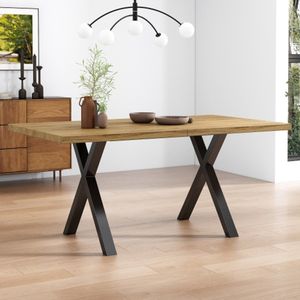 Eettafel, kruispootdesign, rechthoekige eettafel, salontafel, moderne, eenvoudige eettafel van smeedijzer, L140*B80*H76cm, eiken + zwart