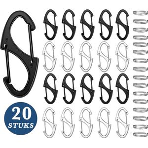 20 Stuks Dubbele Opening Karabijnhaak Sleutelhangers met 20 Sleutelringen - Musketonhaak voor Volwassenen - Mini Musketon - Auto Klein Carabiner Sleutel Hanger, Houder - S Karabijn haken - Keychain Karabijnsluiting - Veilig Ophanghaken -Keukenhaakjes