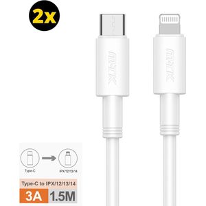 2x usb c naar lightning kabel 1.5 meter Origineel M.TK | USB-C 2 Meter - USB C lightning kabel - Wit– Premium Oplaadset (2-pack)