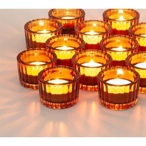 Geribbelde bruine glazen Amber Theelichthouders: Set van 12 Votief kaarsenhouders voor bruiloftscentrepieces, tafeldecoratie voor verjaardagen, kerstfeesten Kaarsenhouder