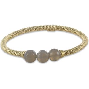 Silventi 9SIL-22647 Zilveren Armband - Dames - Popcorn - Rekbaar - 3,7 mm Dikte - 3 Kralen - Agaat - 8 mm Doorsnee - Grijs - 18 cm - Zilver - Gold Plated (Verguld/Goud op Zilver)