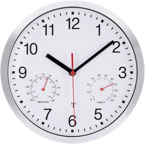 VIVILINEN Radiogestuurde klok met thermometer en hygrometer, stille wandklok zonder tikken, radiogestuurde wandklok, stille wandklok, niet-tikkend, hangklok voor woonkamer, slaapkamer, kantoor, keuken, 10 inch (wit)