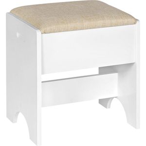 Make-upkruk, kruk voor make-uptafel, gestoffeerde kruk met linnen bekleding, 40 x 45 x 30 cm, van hout, moderne kaptafelstoel voor slaapkamer, belastbaar tot 150 kg, wit